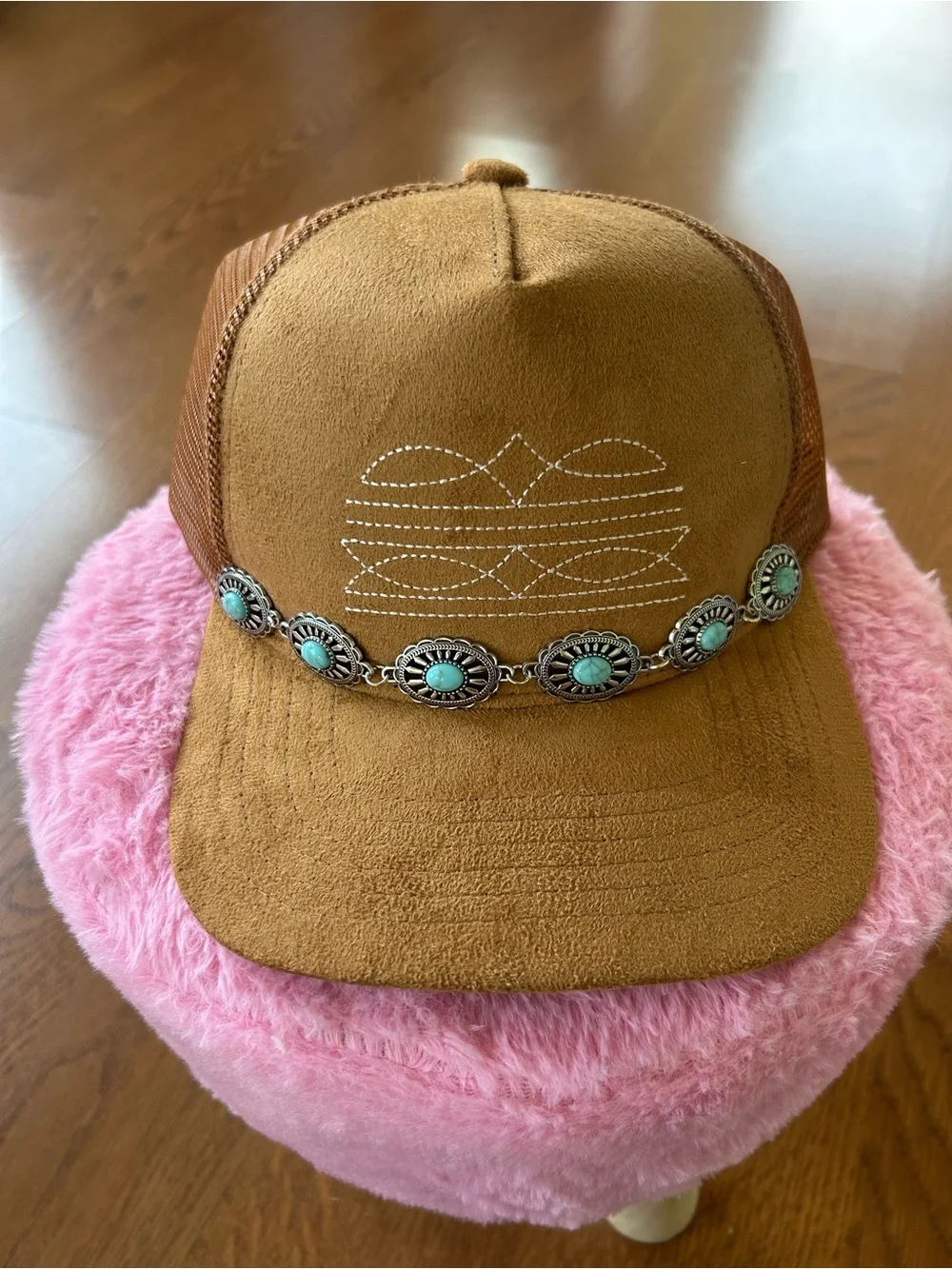 Custom Western Suede Trucker Hat with Turquoise & Silver Conchos